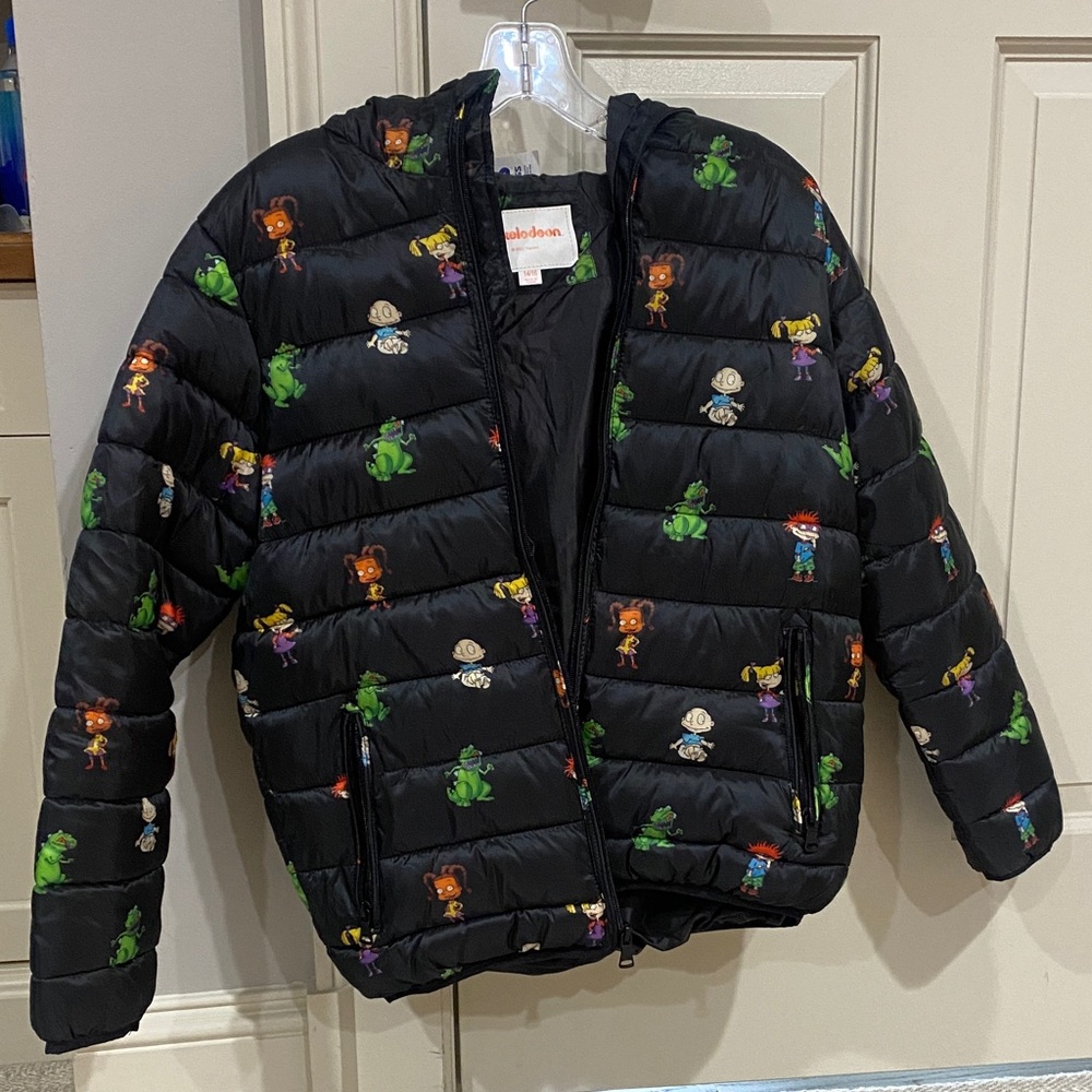 Nickelodeon Kids Black Puffer Jacket with Cartoon Characters